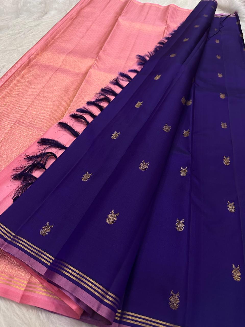 Royal Purple handwoven pure silk Kanchipuram Butta saree — folded view — Idam Living