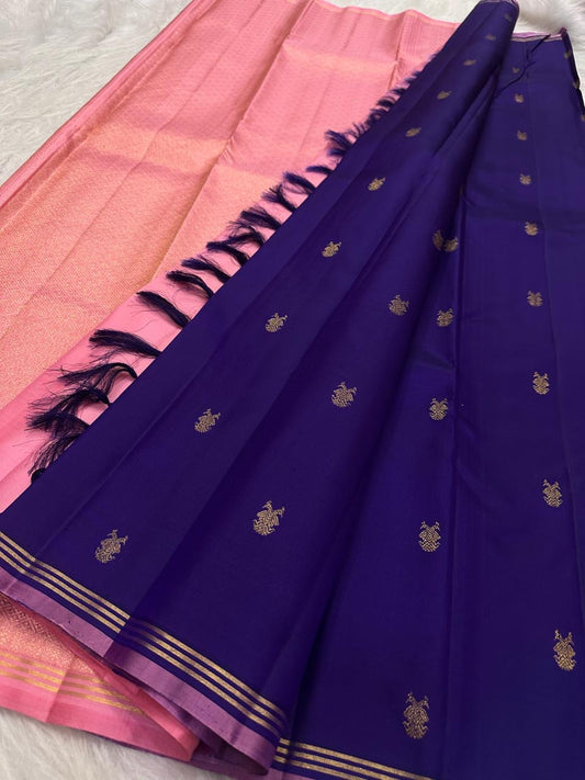 Royal Purple handwoven pure silk Kanchipuram Butta saree — folded view — Idam Living