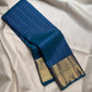 Peacock Blue handwoven pure silk Kanjipuram Butta saree — pallu zari detail — Idam Living