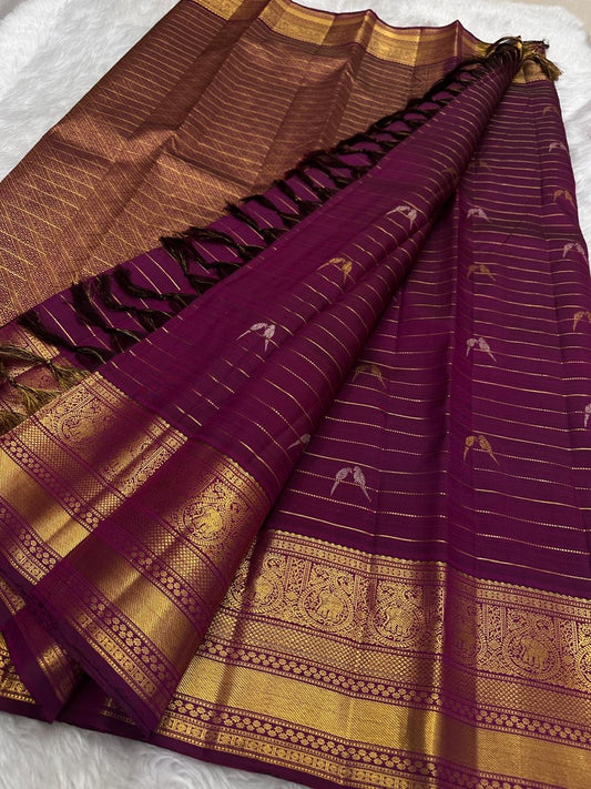 Naval Pazham purple Sona Rupa Vairaoosi pure silk Kanchipuram saree with twin bird buttas, Idam Living