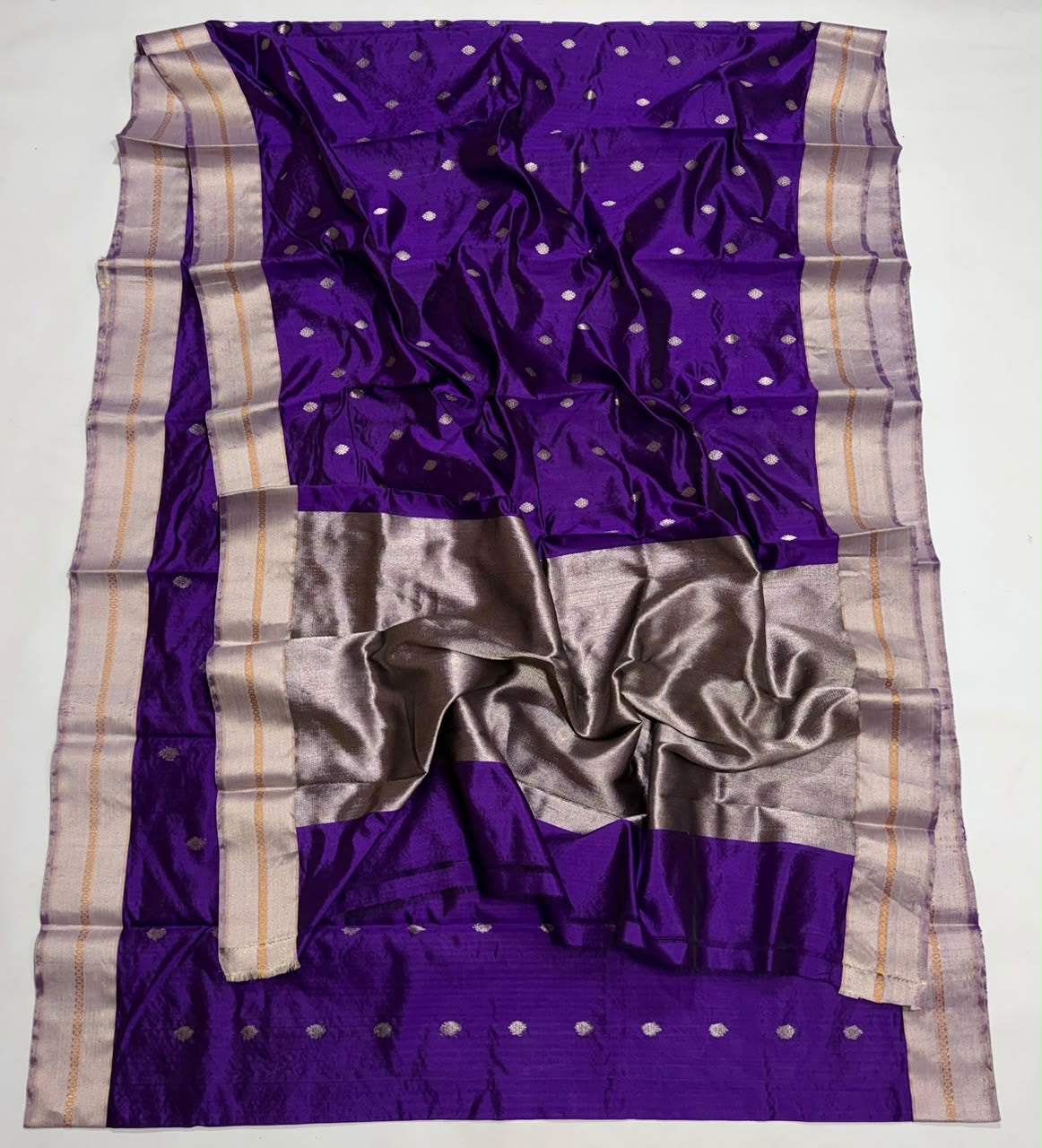 Royal Purple Silver Border Pattu Silk Chanderi saree, body closeup