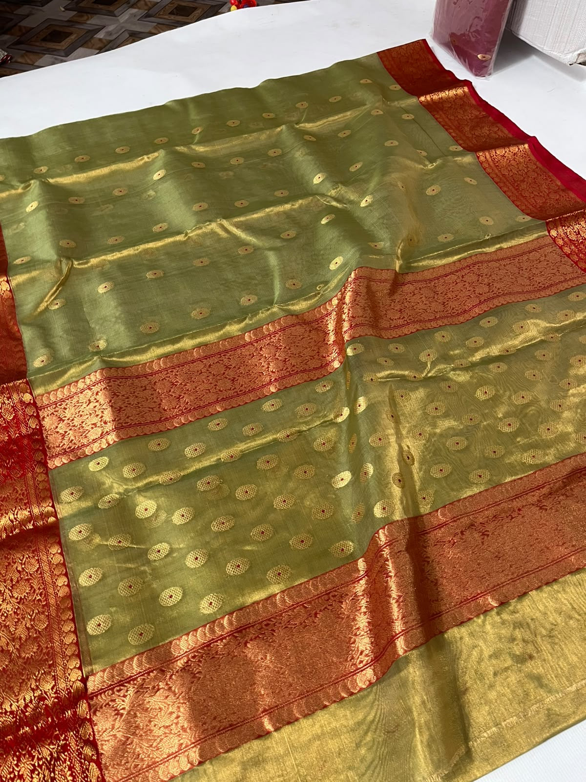 Olive Green and Copper Red Gold Tissue Katan Silk Chanderi handloom saree — woven motif