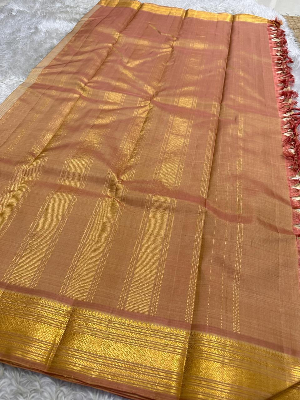 Pale Sandalwood Gold and Dusty Rose Butta handwoven pure silk Kanchipuram saree, view 4 | Idam Living