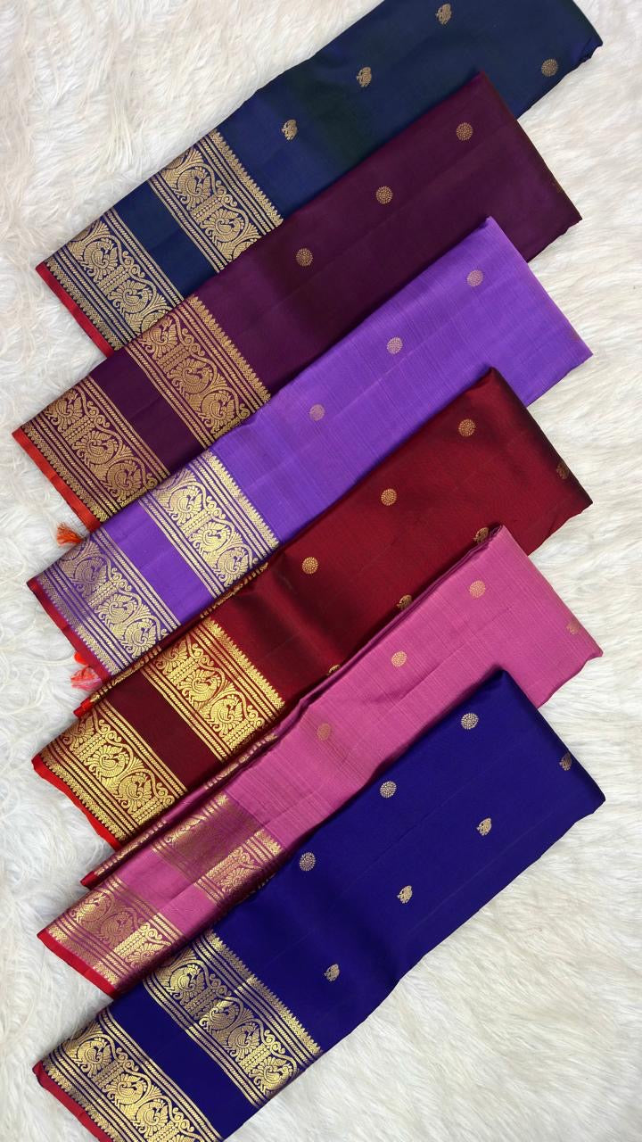 Idam Living handwoven pure silk Kanchipuram Rettapet sarees with twin peacock zari borders, group view