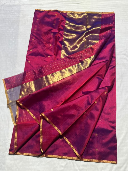 Amethyst Magenta Gold Pallu Pattu Silk Chanderi saree, draped view