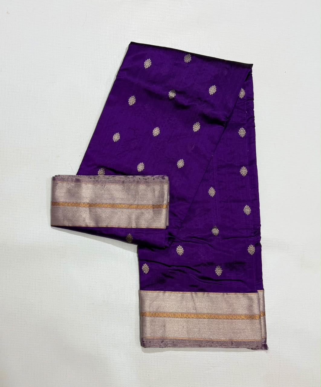 Royal Purple Silver Border Pattu Silk Chanderi saree, woven buti detail