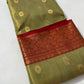 Olive Green and Copper Red Gold Tissue Katan Silk Chanderi handloom saree — border closeup