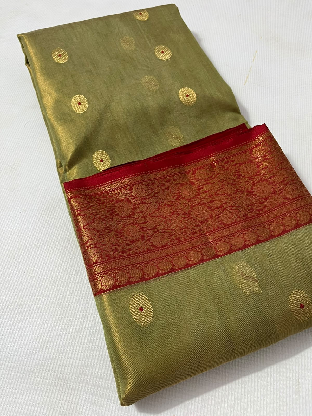 Olive Green and Copper Red Gold Tissue Katan Silk Chanderi handloom saree — border closeup