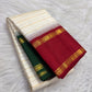 Ivory Kanchipuram silk saree with handwoven gold zari veldhari stripes and Ganga Jamuna border, styled for a temple annual festival.