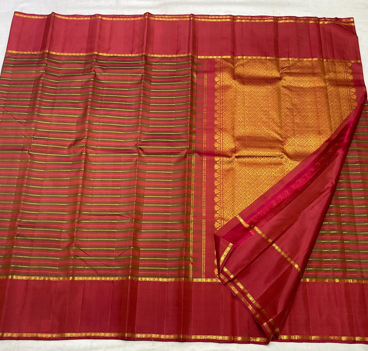 traditional tested zari detail on vazhaipoo crimson pink Kanchipuram silk saree