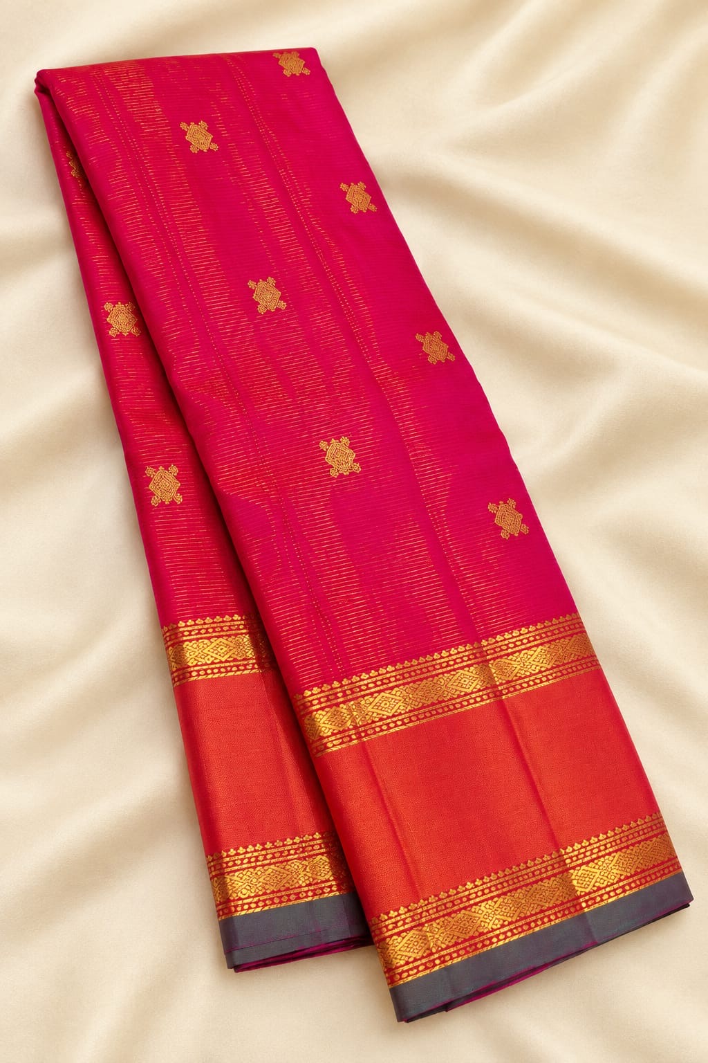 Raspberry Pink Handwoven Pure Silk Kanchipuram Rettapet Saree with Orange Double Border — full saree front view