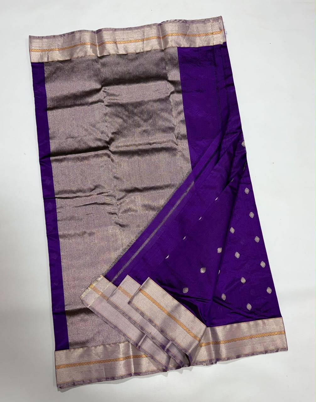 Royal Purple Silver Border Pattu Silk Chanderi saree, draped view