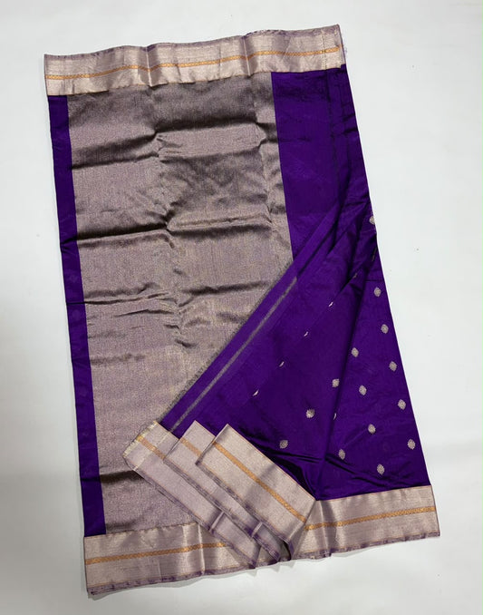 Royal Purple Silver Border Pattu Silk Chanderi saree, draped view