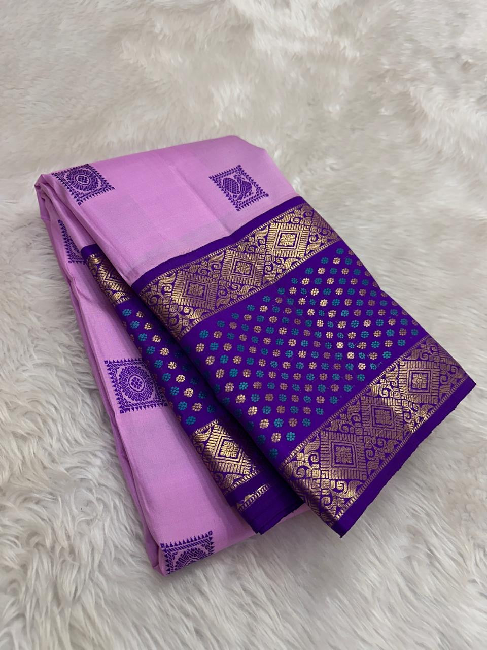 Lavender Pink pure silk Kanchipuram Rettapet saree, motif view showing the silk and ornamental weave