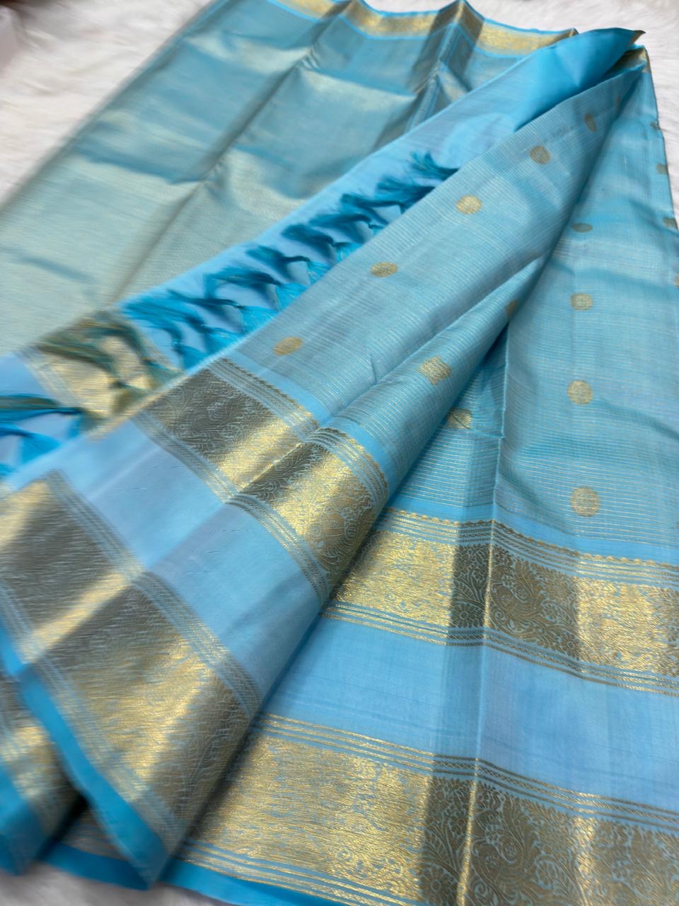 Sky blue and aqua vintage Kanchipuram Rettapet saree, ornamental Annapakshi motif detail, handwoven gold zari and traditional detailing