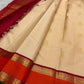 Sandalwood ivory handwoven pure silk Kanchipuram Kai Korvai saree with gold zari twin parrot buttas and raspberry-red border