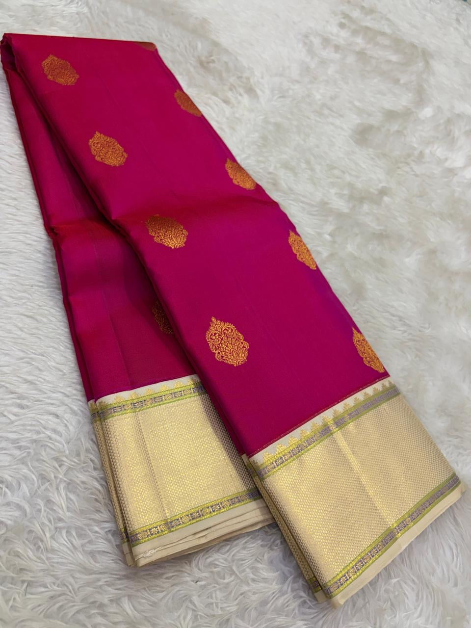 Raspberry Magenta and Warm Ivory Gold Butta handwoven pure silk Kanchipuram saree, view 1 | Idam Living