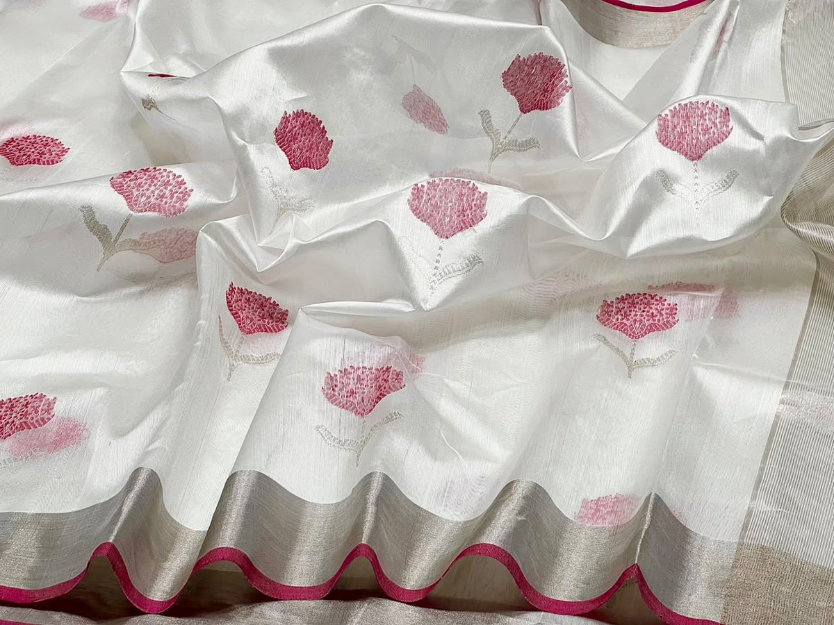 Cream Silver Katan Silk Chanderi handloom saree — pallu detail