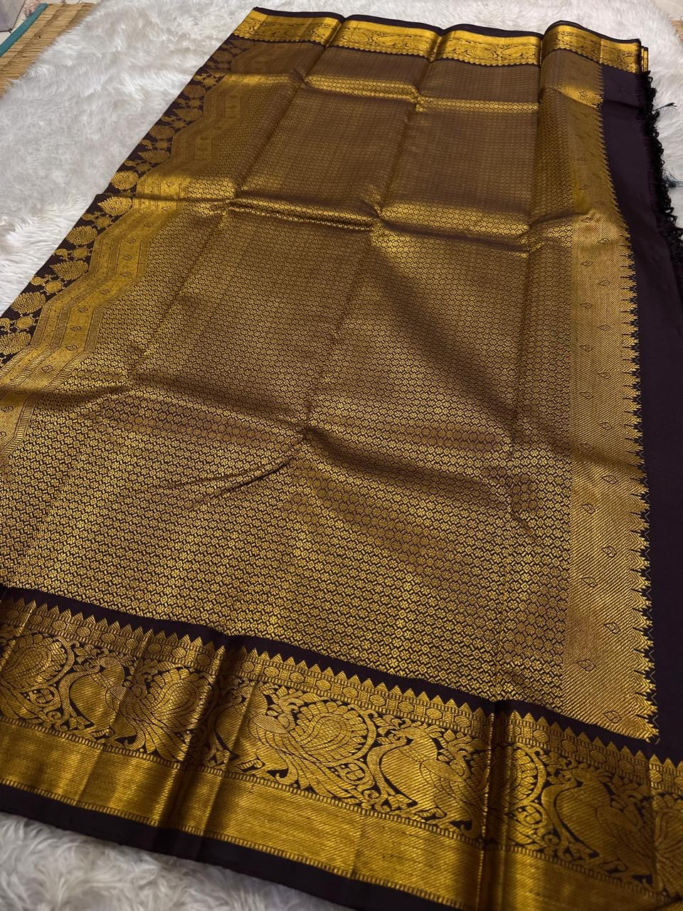 Yazhi border detail on the robin's egg blue Kanchipuram saree