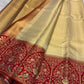 Sandalwood ivory handwoven pure silk Banarasi-Kanchipuram fusion saree with champagne-gold zari and vermilion-red floral urn and bird border