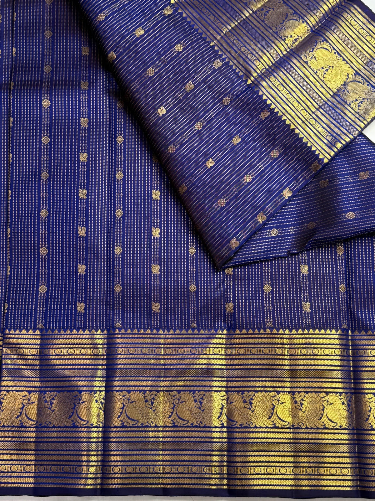 Neelam blue handwoven pure silk Kanchipuram Varisaipet saree with ornate gold zari border, photo 1 of 5
