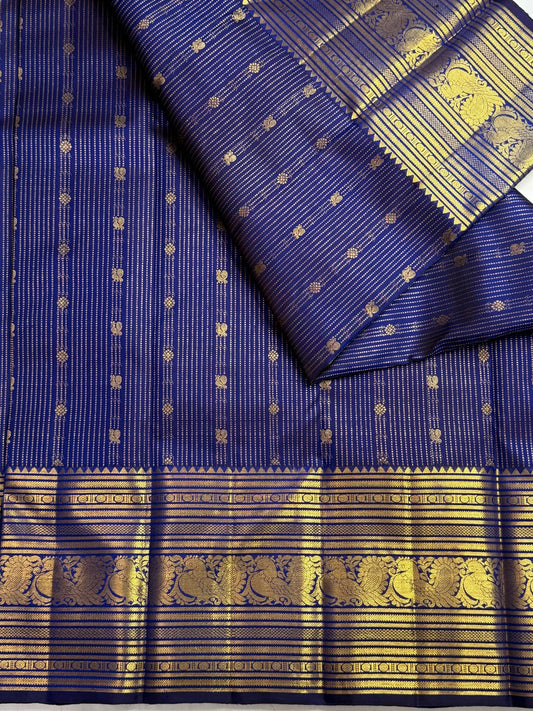 Neelam blue handwoven pure silk Kanchipuram Varisaipet saree with ornate gold zari border, photo 1 of 5