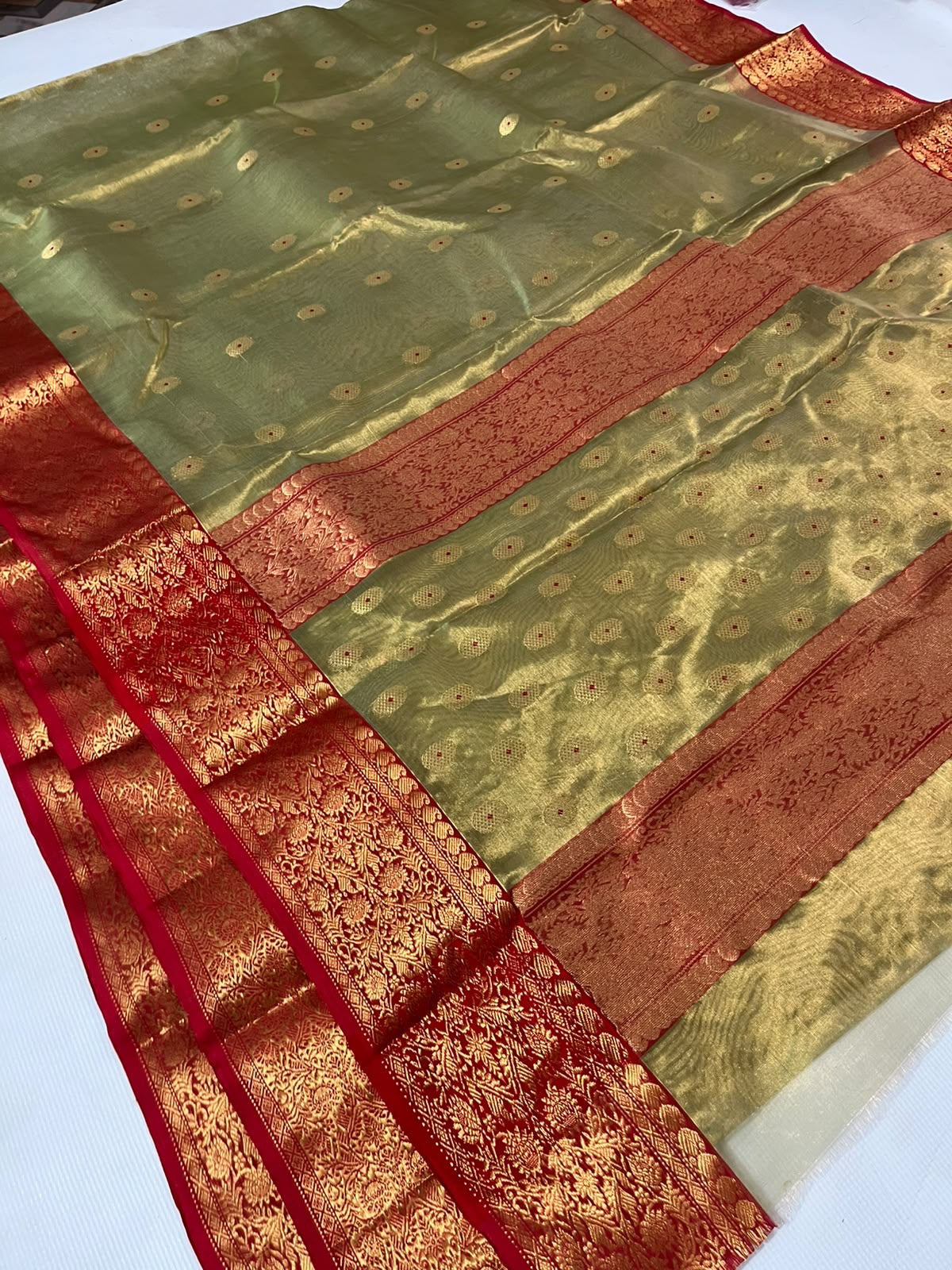 Olive Green and Copper Red Gold Tissue Katan Silk Chanderi handloom saree — fabric texture