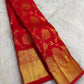 Vermilion red handwoven pure silk Kanchipuram saree with gold zari Banarasi-inspired floral jaal and yazhi border