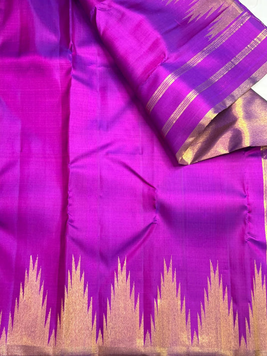 Kathiripoo violet handwoven pure silk Kancheepuram Ettukol saree with gold zari temple border, photo 2 of 5