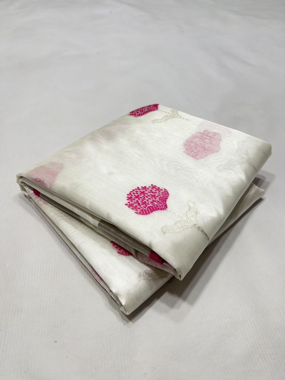 Cream Silver Katan Silk Chanderi handloom saree — woven motif