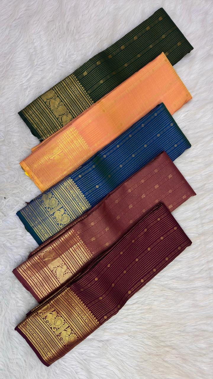 Stylized paisley and floral gold zari border on Peach Pink Kanchipuram silk