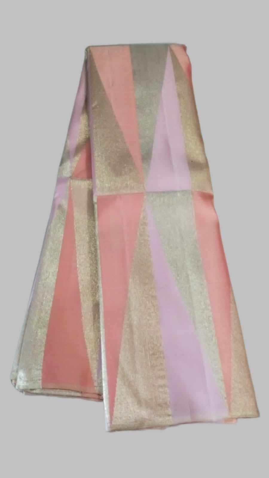 Pastel pink and lilac handwoven pure silk Kanchipuram Ettukol saree — saree neatly folded
