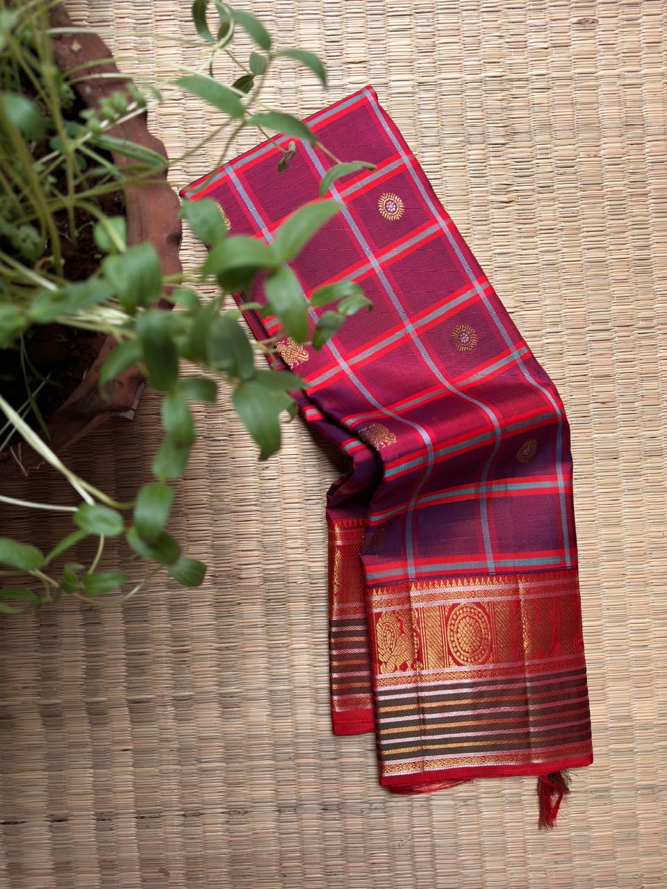 Arakku Red, Deep Violet & Muted Blue handwoven Kanchi Kattam silk saree by Idam Living