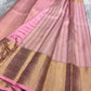 Petal pink silk saree with gold buttas and apricot border draped view