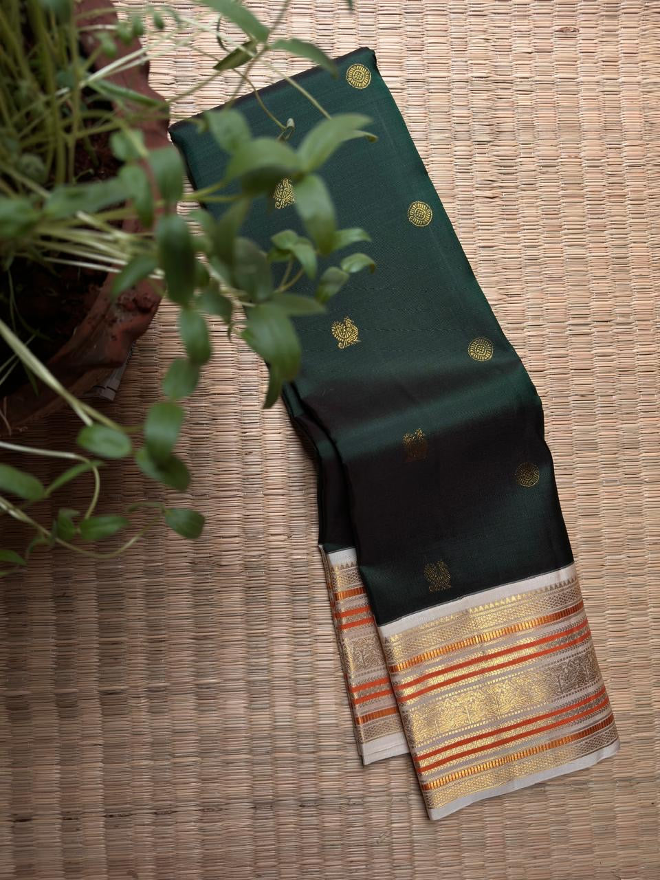 Warm Ivory & Deep Forest Green Pure Kanchipuram Silk Varisaipet saree, additional view