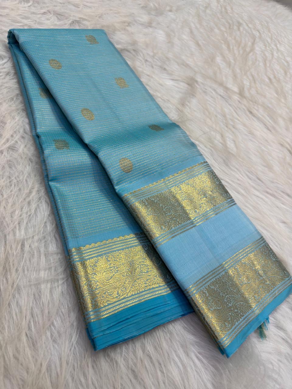 Sky blue and aqua vintage Kanchipuram Rettapet saree, full saree drape with Annapakshi border, handwoven gold zari and traditional detailing
