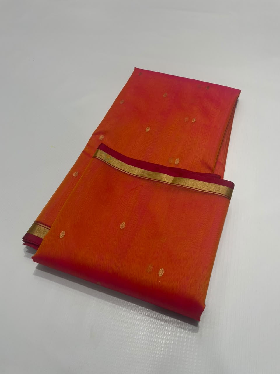 Sunset Orange and Pink Katan Silk Chanderi handloom saree — woven motif