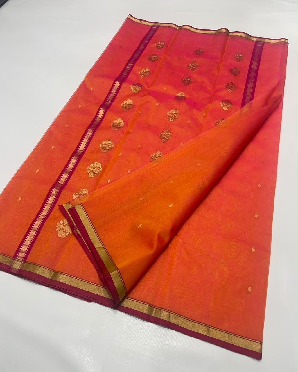Sunset Orange and Pink Katan Silk Chanderi handloom saree — pallu detail