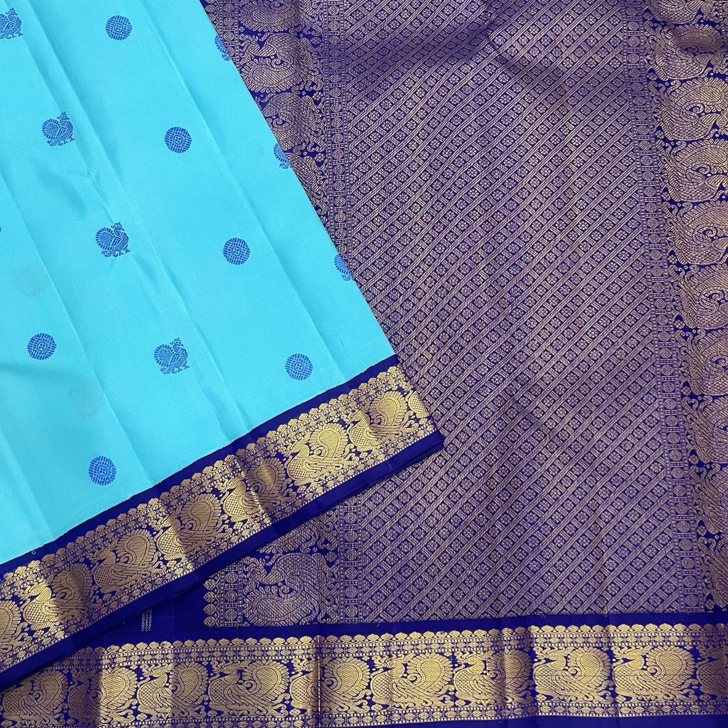 Aqua Blue Handwoven Pure Silk Kanjivaram Saree with Korvai Peacock Border