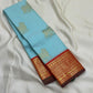 Folded pichwai cow motif Kanchipuram silk saree in sky blue with traditional gold zari border