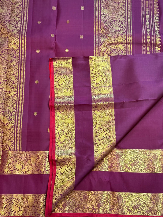 Richly woven pallu with silk thread and zari motifs on a Jamun Rettapet Kanchipuram saree