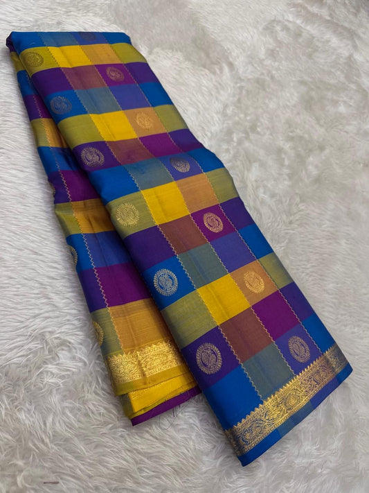 Lightweight Kanjivaram silk saree multicolor grid pattern with zari butta detail draped view