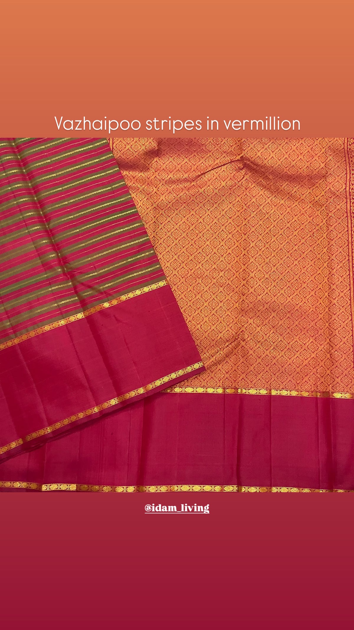 Antique-gold diamond-grid lattice pallu over copper-vermilion ground on vintage Vazhaipoo stripes Kanchipuram saree