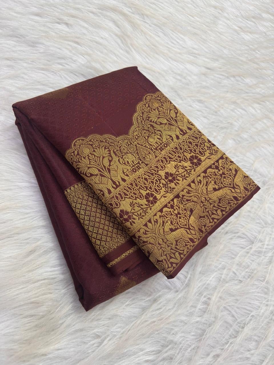 Deep Kaapi Brown handwoven pure silk Kanchipuram butta saree, floral gold zari buttas and ornate border, Idam Living, product detail 4.