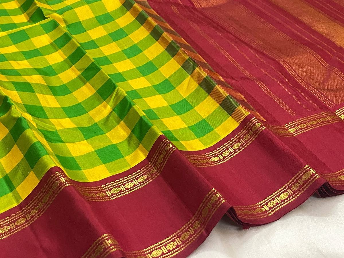 Deep kungumam red Rettapet border with Rudraksham detail beside manjal yellow kattam silk on a handwoven Kanchipuram saree