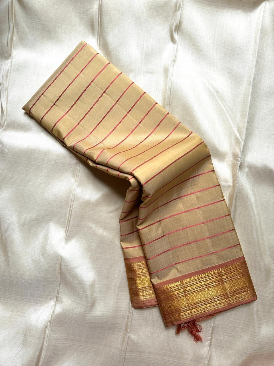 Pale Sandalwood Gold and Dusty Rose Butta handwoven pure silk Kanchipuram saree, view 1 | Idam Living