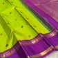 Kanchipuram silk saree in chartreuse with mayil butta motifs and royal violet rettapet zari border folded view