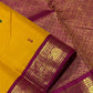 Mustard yellow handwoven pure silk Kanjivaram saree with Ganga-Jamuna Korvai borders in bottle green and magenta, gold zari, Idam Living USA