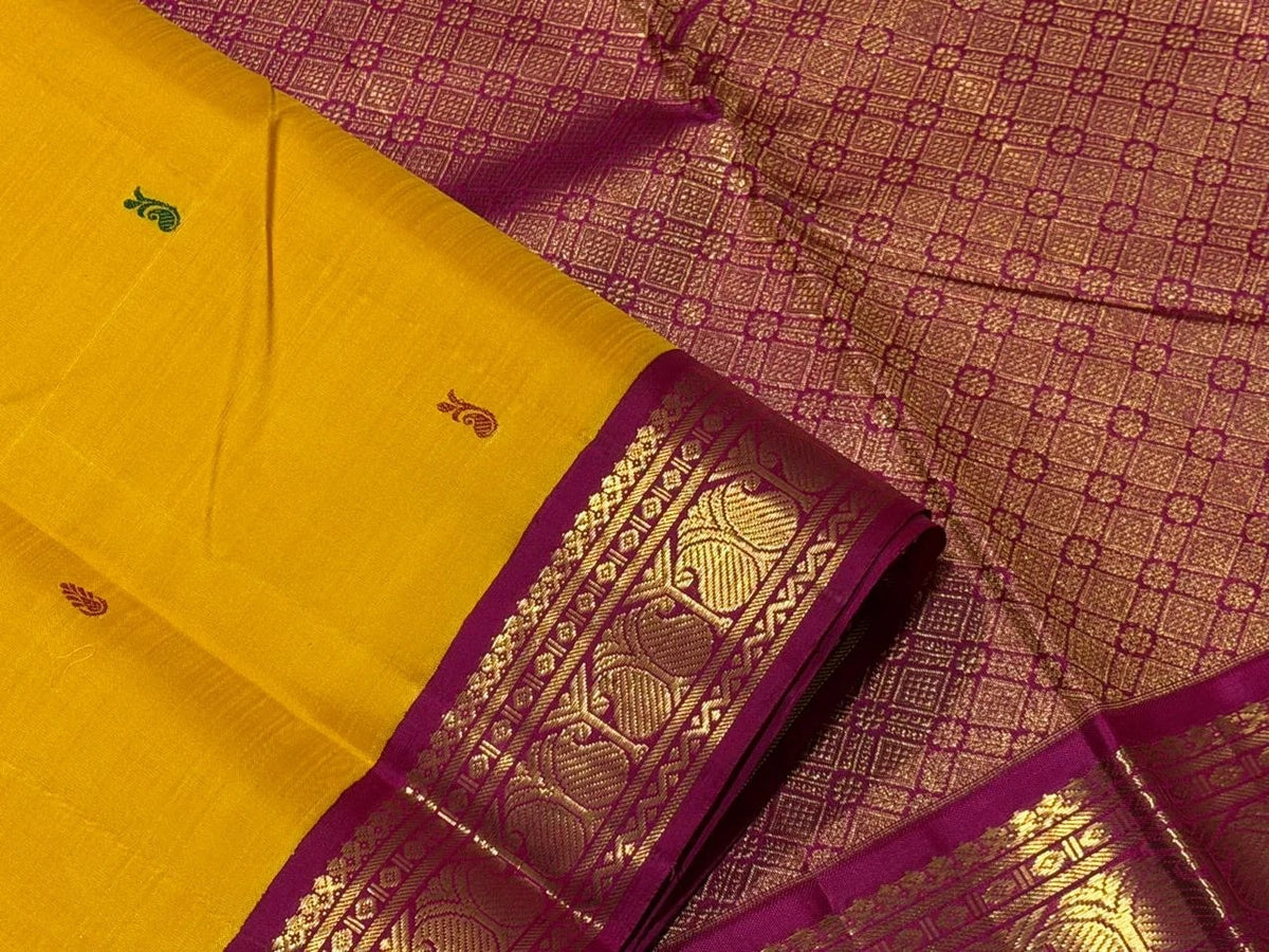 Mustard yellow handwoven pure silk Kanjivaram saree with Ganga-Jamuna Korvai borders in bottle green and magenta, gold zari, Idam Living USA