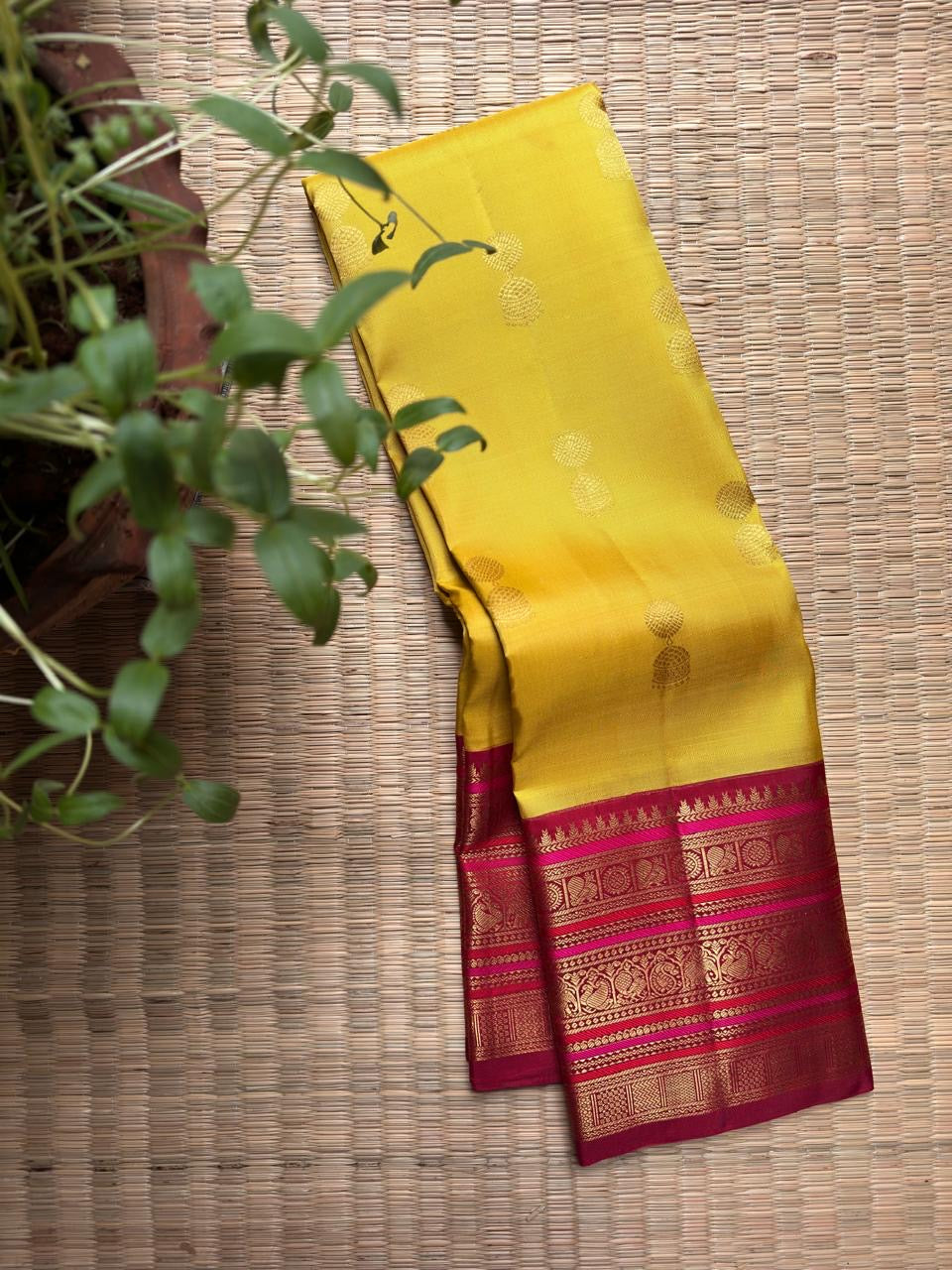 Turmeric Yellow & Arakku Red Pure Kanchipuram Silk Varisaipet saree showing traditional handwoven body and richly detailed border.